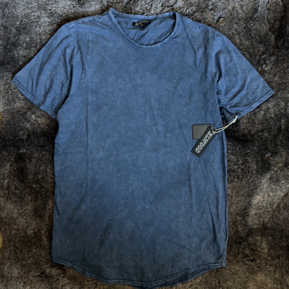 Elwood Curved Hem Tall Tee Acid Wash Crew Neck Cotton Jersey Blue Men M